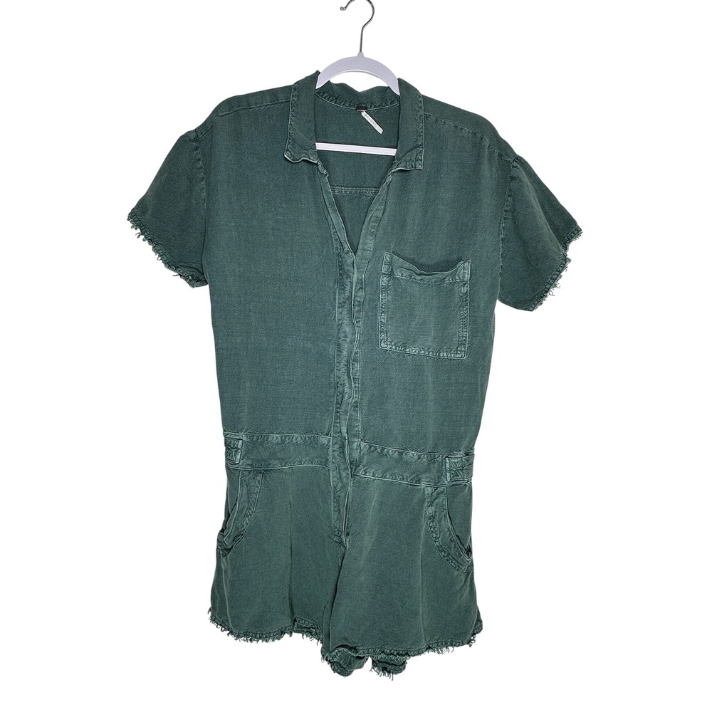 YFB Young Fabulous & Broke Green Linen Blend Frayed Hem Short Sleeve Romper L